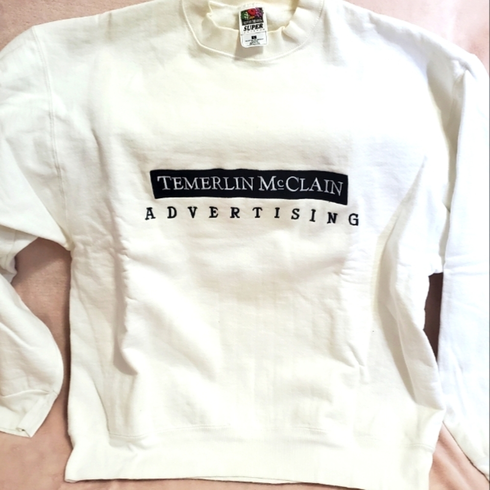 Vintage 90s Temerlin McClain Advertising White Sweatshirt Blk Letter Sz L Unisex